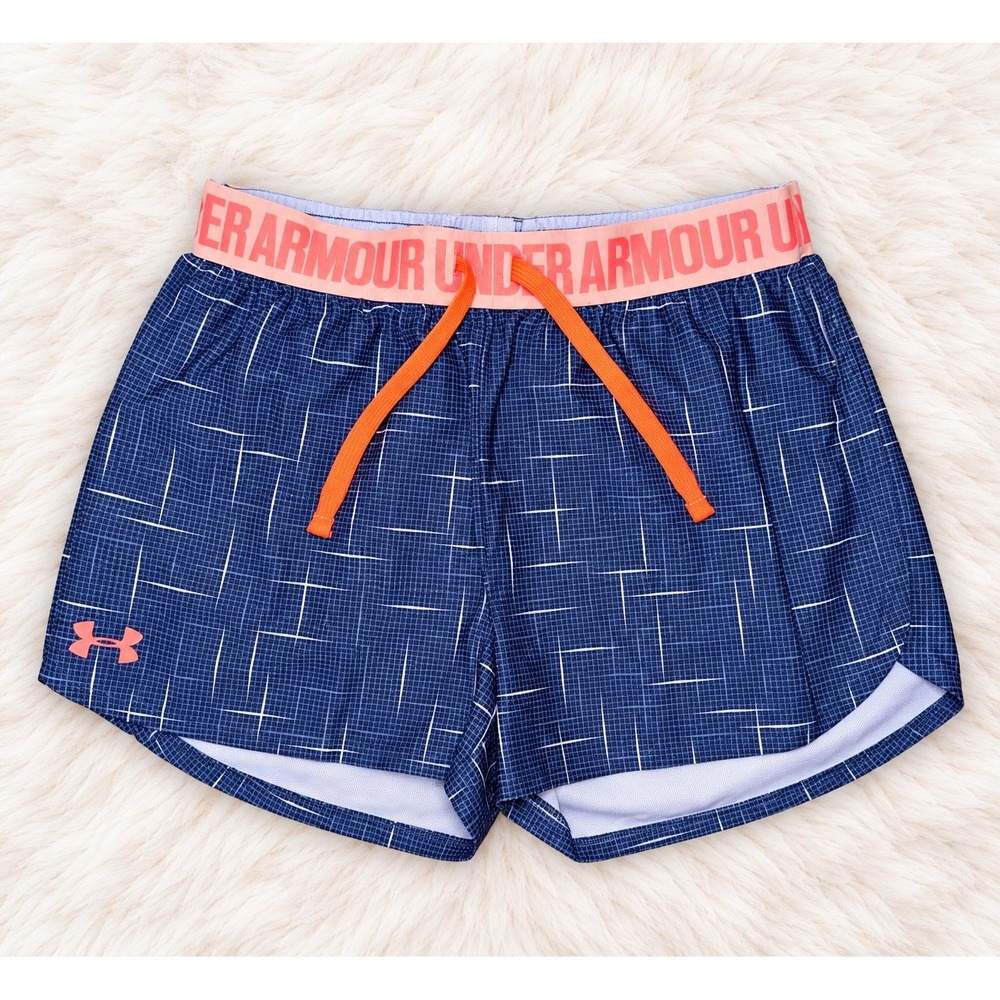 Under Armour Womens Small Navy Blue Grid Running Athletic Shorts Coral Trim